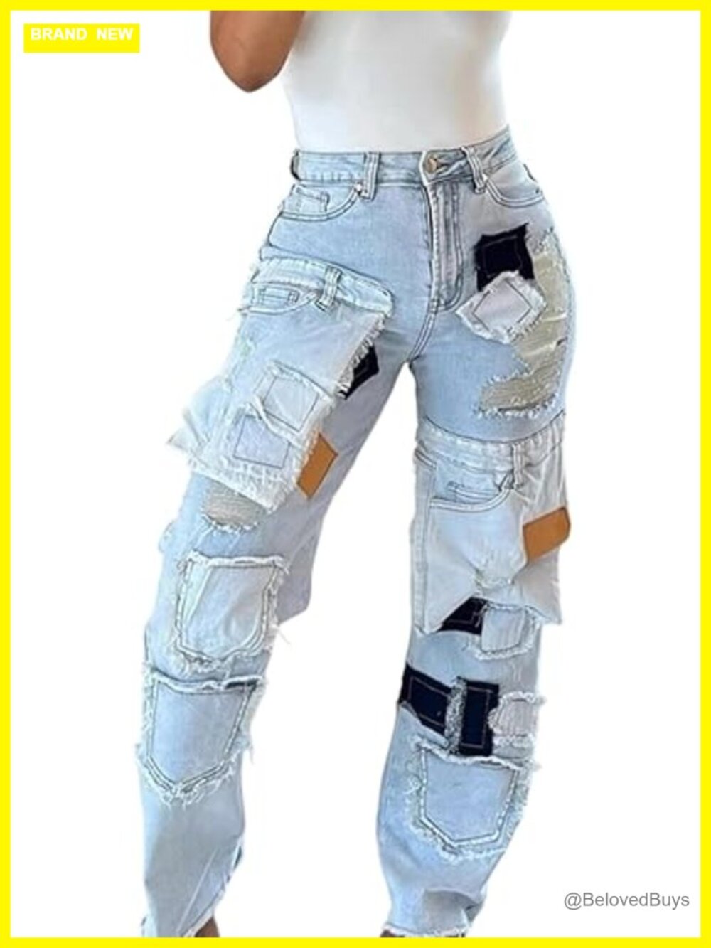 High Waist Wide Leg Distressed Patchwork Denim Jeans with Pockets